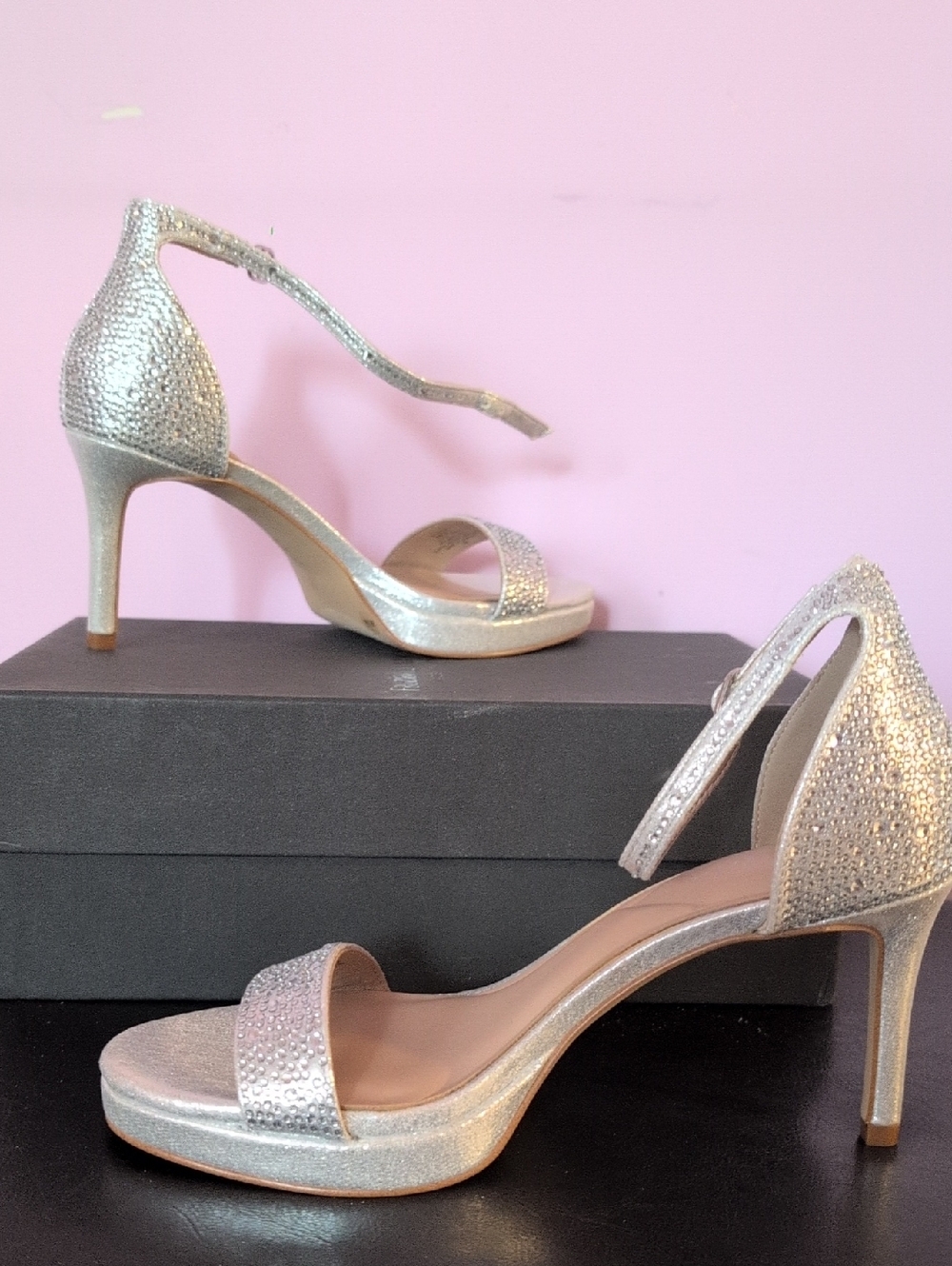 Kelly & Katie Silver Glitter Open-Toe Ankle Strap Heels